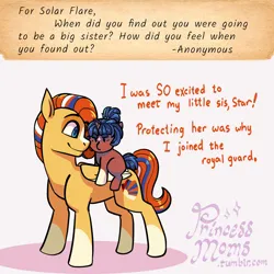 Size: 2166x2166 | Tagged: safe, artist:overlordneon, derpibooru import, oc, oc:solar flare, oc:starry knight, pegasus, pony, unicorn, ask, baby, baby pony, blaze (coat marking), coat markings, dialogue, duo, duo female, facial markings, female, filly, foal, high res, horn, image, jpeg, magical gay spawn, offspring, parent:flash sentry, parent:sunburst, parents:flashburst, ponies riding ponies, riding, riding a pony, siblings, sisters, socks (coat marking), tumblr