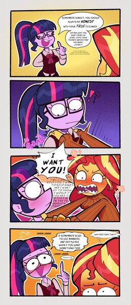 Size: 1762x4096 | Tagged: safe, artist:another_pony, derpibooru import, sci-twi, sunset shimmer, twilight sparkle, human, equestria girls, g4, 4 panel comic, 4koma, blushing, clothes, comic, confession, female, image, jpeg, lesbian, lesbian pride flag, pride, pride flag, ship:sci-twishimmer, shipping, speech bubble, subtle as a train wreck, sunsetsparkle, sweater, text, turtleneck