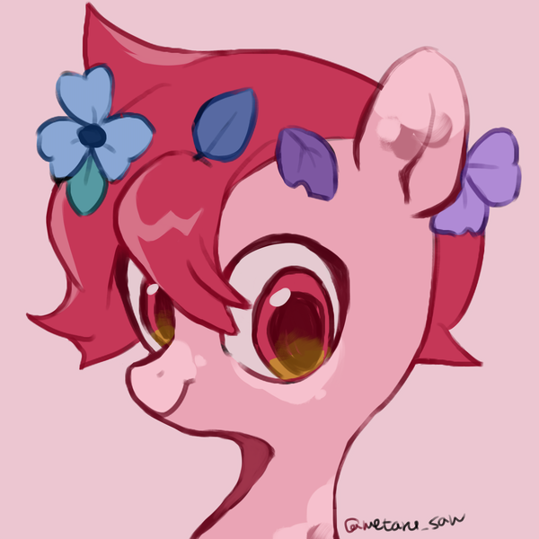 Size: 4096x4096 | Tagged: safe, artist:metaruscarlet, derpibooru import, oc, oc:metaru scarlet, unofficial characters only, pegasus, pony, flower, flower in hair, image, leaves, leaves in hair, looking at you, pegasus oc, pink background, png, simple background, solo, spotted, wings