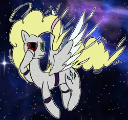 Size: 850x800 | Tagged: safe, artist:ponie pie, derpibooru import, surprise, pegasus, g1, error, female, floating, glitch, halo, heterochromia, image, png, solo, space, stoic, wings