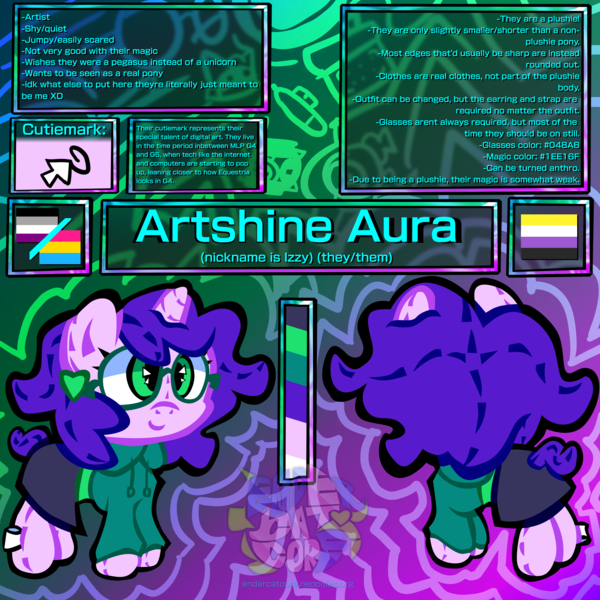 Size: 3840x3840 | Tagged: safe, artist:endercatcore, derpibooru import, oc, oc:artshine aura, unofficial characters only, original species, plush pony, pony, unicorn, abstract background, asexual pride flag, glasses, gradient background, horn, image, nonbinary oc, nonbinary pride flag, pansexual pride flag, plushie, png, ponysona, pride, pride flag, reference sheet, solo, unicorn oc