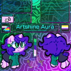 Size: 3840x3840 | Tagged: safe, artist:endercatcore, derpibooru import, oc, oc:artshine aura, unofficial characters only, original species, plush pony, pony, unicorn, abstract background, asexual pride flag, glasses, gradient background, horn, image, nonbinary oc, nonbinary pride flag, pansexual pride flag, plushie, png, ponysona, pride, pride flag, reference sheet, solo, unicorn oc