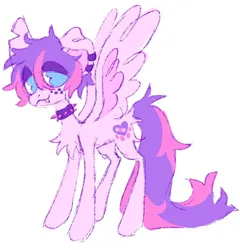 Size: 577x602 | Tagged: safe, artist:peaceandlove26, artist:twinklewish, derpibooru import, oc, oc:puppy love, unofficial characters only, 2021, blue eyes, butt fluff, chest fluff, collar, colored sketch, colored wings, dog ears, ear piercing, earring, fangs, freckles, image, jewelry, jpeg, lidded eyes, long tail, no catchlights, no pupils, old art, piercing, pink coat, ponysona, reference sheet, short mane, simple background, sketch, smiling, solo, spiked collar, spread wings, standing, tail, three quarter view, torn ear, two toned mane, two toned tail, two toned wings, white background, wings