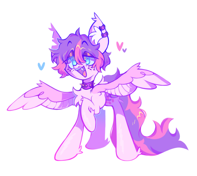 Size: 945x845 | Tagged: safe, artist:peaceandlove26, artist:twinklewish, derpibooru import, oc, oc:puppy love, unofficial characters only, bat pony, pegasus, pony, 2021, bat pony oc, bat wings, blue eyes, chest fluff, collar, colored ear fluff, colored mouth, colored pupils, colored wings, ear piercing, ear tufts, earring, eyebrows, eyebrows visible through hair, eyeshadow, fangs, fetlock tuft, floating heart, freckles, heart, image, jewelry, lidded eyes, long tail, makeup, old art, open mouth, open smile, pegasus oc, piercing, pink coat, pink wings, png, ponysona, purple eyeshadow, purple mouth, raised hoof, shiny coat, shiny eyes, shiny mane, shiny tail, short mane, simple background, smiling, solo, spiked collar, spread wings, standing, tail, torn ear, transparent background, wings, yellow pupils