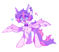 Size: 945x845 | Tagged: safe, artist:peaceandlove26, artist:twinklewish, derpibooru import, oc, oc:puppy love, unofficial characters only, bat pony, pegasus, pony, 2021, bat pony oc, bat wings, blue eyes, chest fluff, collar, colored ear fluff, colored mouth, colored pupils, colored wings, ear piercing, ear tufts, earring, eyebrows, eyebrows visible through hair, eyeshadow, fangs, fetlock tuft, floating heart, freckles, heart, image, jewelry, lidded eyes, long tail, makeup, old art, open mouth, open smile, pegasus oc, piercing, pink coat, pink wings, png, ponysona, purple eyeshadow, purple mouth, raised hoof, shiny coat, shiny eyes, shiny mane, shiny tail, short mane, simple background, smiling, solo, spiked collar, spread wings, standing, tail, torn ear, transparent background, wings, yellow pupils