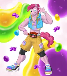 Size: 2080x2365 | Tagged: safe, artist:kamenriderpegasus, derpibooru import, pinkie pie, anthro, earth pony, belt, bubble berry, clothes, henshin, image, kamen rider, kamen rider gavv, male, png, rule 63, short shirt, shorts, sleeveless