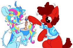 Size: 1510x1000 | Tagged: oc name needed, safe, artist:peaceandlove26, artist:twinklewish, derpibooru import, oc, oc:dreamie (webkinzworldz), unofficial characters only, earth pony, kirin, pony, 2021, baking, beanbrows, belly fluff, big ears, big eyes, bow, bowl, clothes, cloven hooves, coat markings, colored, colored horn, colored pinnae, curly mane, curly tail, duo, earth pony oc, eye markings, eyebrows, eyelashes, flat colors, food, hoof heart, horn, image, jpeg, kirin oc, leg markings, long tail, mixing bowl, multicolored eyes, nonbinary, nonbinary oc, old art, open mouth, open smile, profile, raised hoof, red coat, red mane, red tail, shirt, simple background, smiling, sparkles, sparkly mane, sparkly tail, sprinkles, standing on three hooves, tail, tail bow, tail fluff, thin tail, three toned eyes, three toned mane, three toned tail, tiedye, tongue out, transgender, transgender oc, underhoof, unshorn fetlocks, white background, white coat, wide eyes, wooden spoon