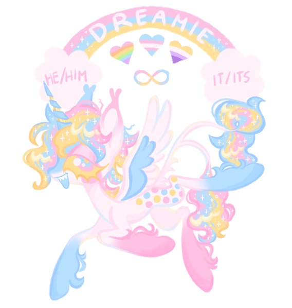 Size: 1500x1585 | Tagged: safe, artist:peaceandlove26, artist:twinklewish, derpibooru import, oc, oc:dreamie (webkinzworldz), unofficial characters only, alicorn, 2021, ahoge, alicorn oc, autism spectrum disorder, big ears, big eyes, blank flank, blaze (coat marking), blue mouth, cheek fluff, cloud, coat markings, colored eartips, colored horn, colored mouth, colored sclera, colored wings, dots, double tail, ear fluff, ear tufts, eye clipping through hair, eyelashes, facial markings, flying, gay pride flag, gradient ears, gradient legs, horn, image, infinity symbol, jpeg, leg fluff, leonine tail, long horn, lying down, multicolored eyes, multiple tails, neck fluff, nonbinary, nonbinary oc, nonbinary pride flag, old art, open mouth, pride, pride flag, profile, rainbow, raised leg, sharp teeth, simple background, sitting, smiling, socks (coat marking), solo, sparkly mane, sparkly tail, spread wings, stars, striped horn, tail, tail fluff, teeth, transgender, transgender oc, transgender pride flag, two tails, two toned wings, unicorn horn, white background, white coat, white text, wings, yellow sclera