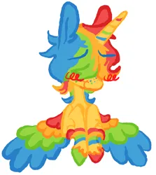 Size: 1062x1190 | Tagged: safe, artist:peaceandlove26, artist:twinklewish, derpibooru import, oc, oc:sunny smiles (webkinzworldz), unofficial characters only, alicorn, pony, 2021, alicorn oc, blush scribble, blushing, bust, colored hooves, colored horn, colored lineart, colored wings, eyebrows, eyebrows visible through hair, fluffy mane, freckles, hair over eyes, hooves, horn, image, leg markings, leg stripes, mismatched hooves, multicolored hair, multicolored hooves, multicolored mane, multicolored wings, nonbinary, nonbinary oc, old art, png, rainbow freckles, rainbow hair, rainbow horn, rainbow wings, smiling, solo, striped horn, stripes, unshorn fetlocks, wings, wings down, wolf cut, yellow coat