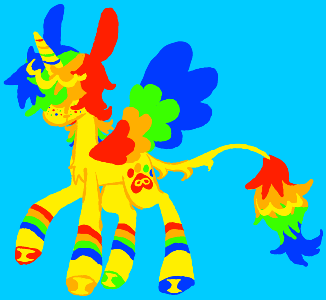 Size: 1487x1369 | Tagged: safe, artist:peaceandlove26, artist:twinklewish, derpibooru import, oc, oc:sunny smiles (webkinzworldz), unofficial characters only, alicorn, pony, 2021, alicorn oc, blue background, blush scribble, blushing, chest fluff, colored hooves, colored horn, colored lineart, colored wings, eyebrows, eyebrows visible through hair, fluffy mane, freckles, hair over eyes, hooves, horn, image, leg markings, leg stripes, leonine tail, long tail, mismatched hooves, multicolored hair, multicolored hooves, multicolored mane, multicolored wings, nonbinary, nonbinary oc, old art, png, profile, rainbow freckles, rainbow hair, rainbow horn, rainbow tail, rainbow wings, saturated, shiny hooves, simple background, smiling, solo, spread wings, stripes, tail, thin tail, unshorn fetlocks, wings, wolf cut, yellow coat