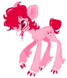 Size: 942x1094 | Tagged: safe, artist:peaceandlove26, artist:twinklewish, derpibooru import, ponified, pony, 2021, bear ears, blood, bloody mouth, chest fluff, claws, colored muzzle, colored pinnae, facial markings, gloomy bear, hoof claws, image, leg fluff, mealy mouth (coat marking), narrowed eyes, old art, pale muzzle, png, profile, red eyes, red mane, red pupils, red tail, sharp teeth, simple background, smiling, solo, tail, teeth, white background