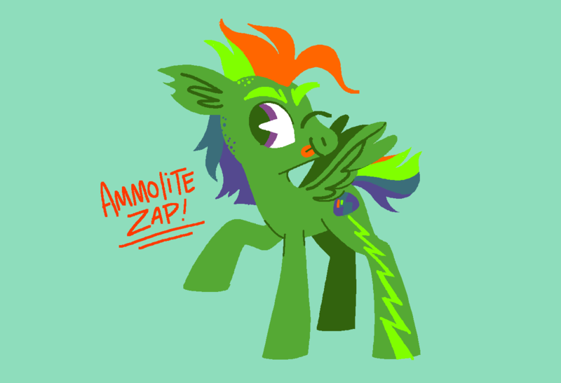 Size: 1316x900 | Tagged: safe, artist:peaceandlove26, artist:twinklewish, derpibooru import, oc, oc:ammolite zap, unofficial characters only, pegasus, pony, 2021, alternate universe, cascading cutie mark, colored eyebrows, colored pupils, floating eyebrows, floating eyes, image, lineless, looking back, multicolored hair, multicolored mane, old art, one eye closed, orange text, pegasus oc, pixel-crisp art, png, purple eyes, purple pupils, rainbow hair, rainbow tail, raised hoof, spread wings, standing, standing on three hooves, tail, tongue out, torn ear, turned head, wings, wink