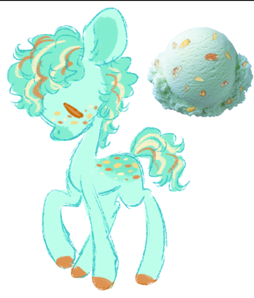 Size: 571x670 | Tagged: safe, artist:peaceandlove26, artist:twinklewish, derpibooru import, oc, oc:minty scoops, unofficial characters only, earth pony, pony, 2021, big ears, blank flank, brown eyes, coat markings, colored hooves, colored pinnae, curly mane, curly tail, dot eyes, ear fluff, earth pony oc, facial markings, fluffy mane, fluffy tail, food, freckles, green coat, green mane, green tail, hooves, ice cream, image, looking down, male, male oc, mint coat, no mouth, old art, orange hooves, png, profile, simple background, snip (coat marking), solo, stallion, stallion oc, striped mane, striped tail, tail, thin legs, three toned mane, three toned tail, white background