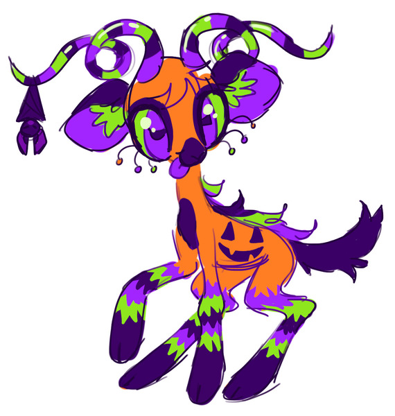 Size: 1142x1203 | Tagged: safe, artist:mylittlegoats, artist:peaceandlove26, artist:twinklewish, derpibooru import, part of a set, oc, oc:spookley, unofficial characters only, bat, goat, barely pony related, big ears, chest marking, cloven hooves, coat markings, colored ear fluff, colored ears, colored horns, colored pinnae, colored pupils, colored sclera, colored tail, colored tongue, curved horns, eye markings, eyelashes, facing you, goat oc, green sclera, halloween, holiday, image, jpeg, leg markings, long legs, looking at you, male, male oc, non-pony oc, orange fur, purple eyes, purple pupils, purple tail, purple tongue, raised hoof, rectangular pupil, requested art, simple background, smiling, smiling at you, socks (coat marking), solo, standing on three hooves, tail, thin legs, white background