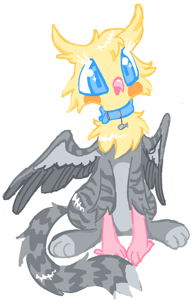 Size: 944x1478 | Tagged: safe, artist:peaceandlove26, artist:twinklewish, derpibooru import, oc, oc:gibby, unofficial characters only, gryphon, g4, 2021, beak, blue eyes, blue pupils, coat markings, collar, colored legs, colored lineart, colored pupils, colored wings, colored wingtips, facial markings, feather, gray feathers, gray wingtips, griffon oc, image, next generation, old art, one wing out, parent:unknown, partially open wings, paws, png, simple background, socks (coat marking), solo, stripes, white background, wing stripes, wings