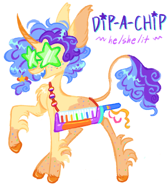 Size: 1301x1454 | Tagged: safe, artist:peaceandlove26, derpibooru import, oc, oc:dip-a-chip, unofficial characters only, pony, unicorn, g4, blank flank, blue mouth, coat markings, colored ears, colored hooves, colored horn, colored teeth, curly mane, curly tail, curved horn, ear tufts, freckles, genderfluid, genderfluid pride flag, glasses, hair tie, hooves, horn, image, keyboard, leg markings, lesbian pride flag, long horn, long legs, musical instrument, next generation, nonbinary oc, nonbinary pride flag, open mouth, open smile, orange hooves, parents:cheesefavor, piano, png, pride, pride flag, profile, purple text, sharp teeth, shiny hooves, shiny mane, shiny tail, smiling, socks (coat marking), star glasses, star sunglasses, sunglasses, tail, tall ears, teeth, thin legs, thin tail, unicorn horn, unicorn oc, yellow coat