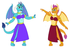 Size: 1077x742 | Tagged: safe, artist:mlp-headstrong, derpibooru import, princess ember, smolder, dragon, g4, anklet, belly dancer, belly dancer outfit, bracelet, breasts, busty princess ember, busty smolder, cleavage, clothes, dragoness, duo, duo female, female, image, jewelry, loincloth, midriff, necklace, png, side slit, simple background, skirt, transparent background