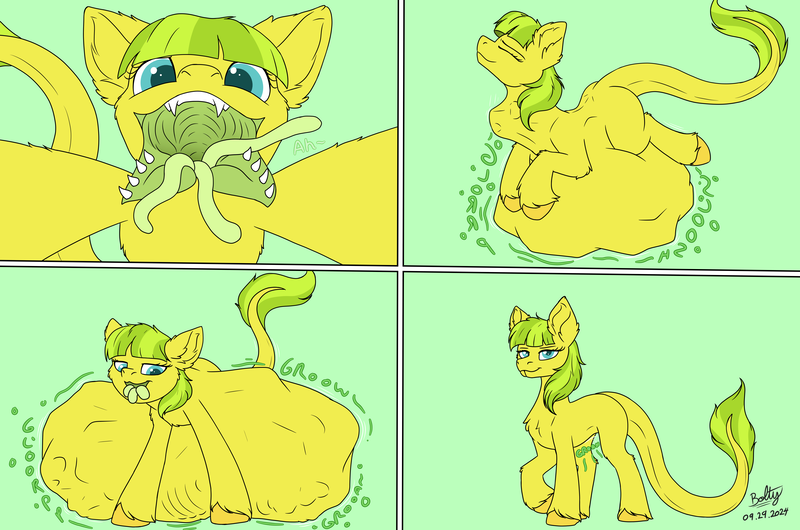 Size: 7662x5080 | Tagged: questionable, artist:lightning bolty, derpibooru import, oc, oc:lemon drop, unofficial characters only, monster pony, original species, pony, tatzlpony, belly, belly bed, big belly, bone belly, chest fluff, comic, digestion, digestion without weight gain, drainpipe throat, ear fluff, female, huge belly, image, imminent vore, impossibly large belly, mass vore, mawshot, multiple prey, open mouth, oral vore, png, sharp teeth, simple background, species swap, stomach noise, teeth, tentacle tongue, tentacles, tight bulge, tongue out, unshorn fetlocks, vore