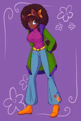 Size: 1365x2048 | Tagged: safe, artist:mscolorsplash, derpibooru import, oc, unofficial characters only, anthro, earth pony, plantigrade anthro, afro, bellbottoms, big breasts, breasts, busty oc, clothes, colored pupils, female, hand in pocket, heterochromia, huge breasts, image, jacket, patreon, patreon reward, png, purple background, simple background, solo