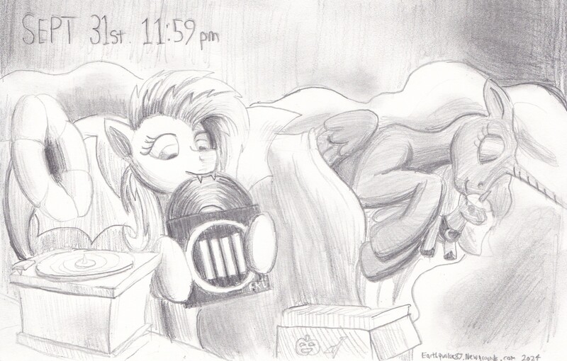 Size: 2500x1595 | Tagged: safe, artist:earthquake87, derpibooru import, fluttershy, nightmare moon, princess luna, bat pony, bat ponified, box, flutterbat, gramophone, image, jpeg, monochrome, mouth hold, plushie, race swap, record, record player, sketch, sleeping