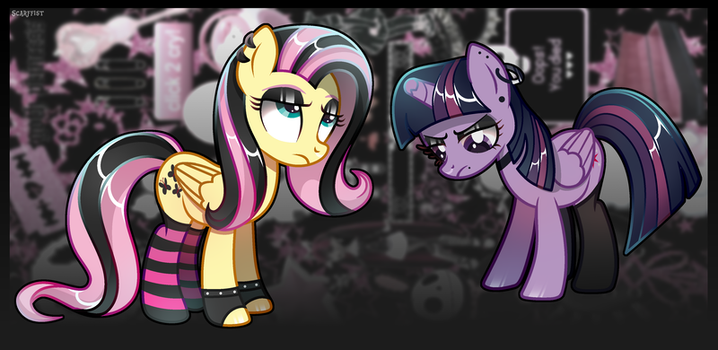 Size: 3878x1890 | Tagged: safe, artist:scarffist, derpibooru import, fluttershy, twilight sparkle, twilight sparkle (alicorn), alicorn, pegasus, pony, alternate hairstyle, base used, broken horn, choker, clothes, derpibooru exclusive, duo, duo female, ear piercing, earring, emo, emo twilight, emoshy, eyelashes, female, gloves, goth, horn, image, jewelry, lip piercing, looking down, looking up, piercing, png, sad, socks, stockings, striped socks, thigh highs, wings