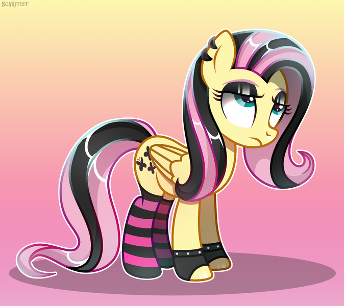 Size: 2223x1980 | Tagged: safe, artist:scarffist, derpibooru import, fluttershy, pegasus, pony, alternate hairstyle, base used, clothes, derpibooru exclusive, ear piercing, emo, emoshy, eyelashes, gloves, gradient background, image, long hair, long mane, long tail, looking up, piercing, png, sad, socks, solo, stockings, striped socks, tail, thigh highs, wings