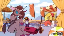 Size: 1200x675 | Tagged: safe, artist:paperbagger, derpibooru import, fhtng th§ ¿nsp§kbl, oleander (tfh), alpaca, dog, sheep, unicorn, them's fightin' herds, beach ball, clothes, community related, food, horn, ice cream, image, jpeg, paprika (tfh), pom (tfh), swimming pool, swimsuit, water