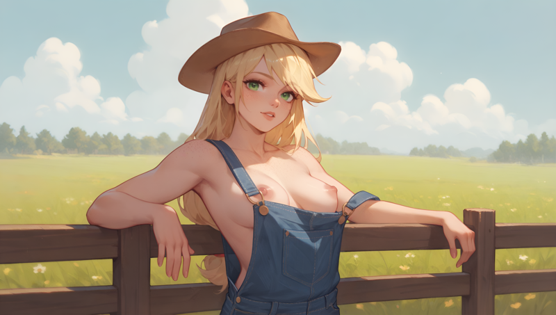 Size: 3840x2176 | Tagged: questionable, ai content, derpibooru import, generator:tponynai3, machine learning generated, prompter:truekry, applejack, human, g4, big breasts, breasts, cloud, cowboy hat, dungarees, female, fence, field, hat, high res, humanized, image, looking at you, meadow, nature, nipples, nudity, outdoors, png, solo, solo female, wallpaper, wallpaper for the fearless