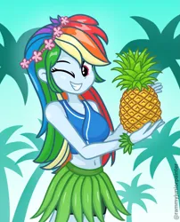 Size: 2015x2490 | Tagged: safe, artist:rjp.rammy, derpibooru import, rainbow dash, equestria girls, g4, belly, belly button, breasts, clothes, commission, female, food, grass skirt, grin, image, midriff, one eye closed, palm tree, pineapple, png, shorts, skirt, smiling, solo, sports bra, sports shorts, tree, wink