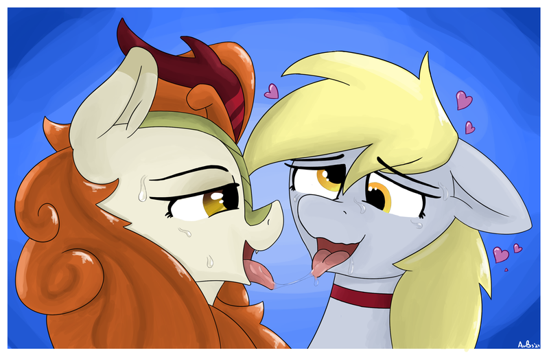 Size: 3090x1998 | Tagged: suggestive, alternate version, artist:aubs, derpibooru import, autumn blaze, derpy hooves, kirin, pegasus, pony, after kiss, female, image, lesbian, newbie artist training grounds, png, ship:autumnderpy