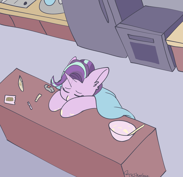 Size: 3801x3670 | Tagged: safe, artist:tkshoelace, derpibooru import, starlight glimmer, pony, unicorn, g4, baking, blanket, counter, ear fluff, female, floppy ears, hooves on the table, horn, image, oven, png, refrigerator, sink, sleeping, solo