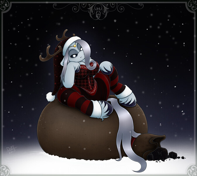 Size: 1500x1337 | Tagged: safe, artist:drxii, derpibooru import, oc, oc:ipsywitch, earth pony, pony, semi-anthro, antlers, christmas, coal, deep one, holiday, image, jpeg, krampus