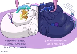 Size: 3508x2480 | Tagged: suggestive, artist:bun_burst, derpibooru import, princess celestia, princess luna, twilight sparkle, oc, zebra, g4, belly, belly bed, big belly, blob, blob ponies, blobface, chubbylestia, fat, feedee, feeding, female, huge belly, image, immobile, impossibly large belly, impossibly obese, morbidly obese, obese, os:bun burst, png, princess moonpig, simple background, text, vore