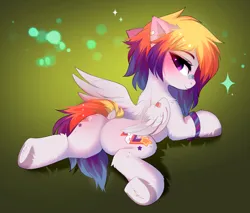 Size: 3752x3204 | Tagged: safe, alternate version, artist:empress-twilight, derpibooru import, oc, oc:comet strike, unofficial characters only, pegasus, pony, g4, g5, bandaid, bandaid on nose, blushing, both cutie marks, bracelet, butt, butt blush, colored wings, commission, dock, ear fluff, ear piercing, female, gradient background, hooves, image, jewelry, looking at you, looking back, looking back at you, lying down, mare, multicolored hair, multicolored mane, multicolored wings, pegasus oc, pegasus wings, piercing, plot, png, purple eyes, rear view, smiling, smiling at you, solo, sparkles, spread legs, spreading, tail, tail aside, underhoof, wings, ych result