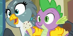 Size: 1886x932 | Tagged: safe, derpibooru import, screencap, gabby, spike, dragon, gryphon, dragon dropped, g4, cute, duo, duo male and female, female, food, gabbybetes, ice cream, image, male, png, spikabetes, winged spike, wings