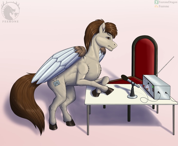 Size: 2560x2103 | Tagged: safe, derpibooru import, oc, oc:sanchous, unofficial characters only, pegasus, equestria at war mod, fanfic:the prophecy, fanfic:пророчество, brown mane, chair, discontent, fanfic art, grey fur, image, jpeg, microphone, radio, table