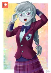 Size: 848x1200 | Tagged: safe, artist:uotapo, derpibooru import, silver spoon, equestria girls, g4, alternate hairstyle, blushing, bowtie, clothes, crystal prep academy uniform, cute, female, glasses, image, jpeg, necktie, older, older silver spoon, open mouth, school uniform, silverbetes, skirt, solo, uotapo is trying to murder us