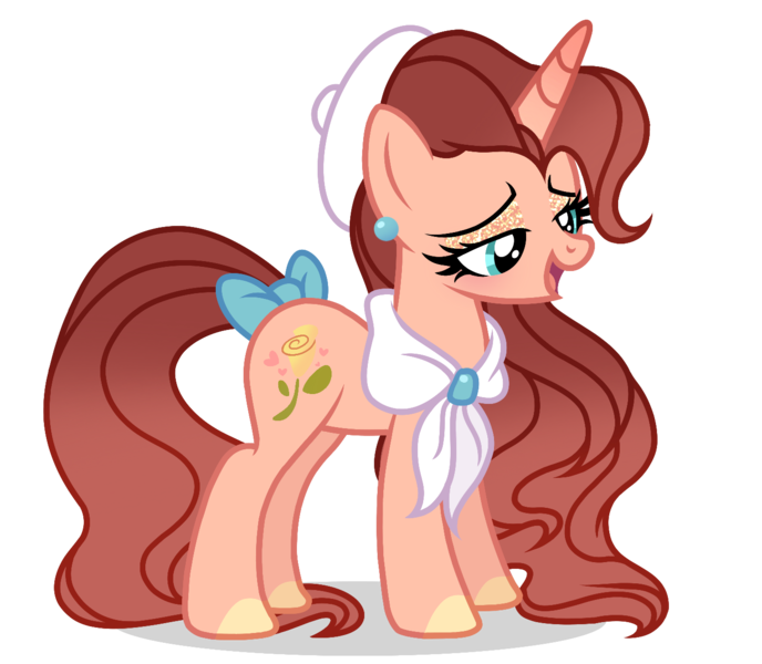 Size: 1399x1220 | Tagged: safe, artist:cstrawberrymilk, derpibooru import, oc, oc:golden rose, unofficial characters only, pony, unicorn, beret, bow, female, hat, horn, image, mare, png, simple background, solo, tail, tail bow, transparent background