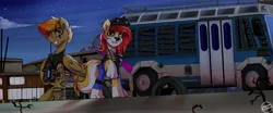 Size: 5750x2400 | Tagged: safe, artist:shadowreindeer, derpibooru import, oc, unofficial characters only, big cat, hybrid, lion, pegasus, borderlands, bus, commission, crossover, duo, furry, furry oc, gun, image, jpeg, quadrupedal, weapon