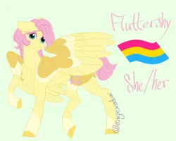 Size: 1000x800 | Tagged: safe, artist:satyrsong99, derpibooru import, fluttershy, 2024, green background, image, looking at you, pansexual, pansexual pride flag, png, pride, pride flag, raised hoof, signature, simple background, smiling, solo