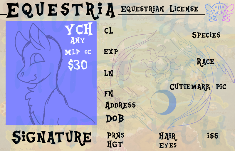 Size: 1656x1064 | Tagged: safe, artist:alleymutt, derpibooru import, oc, unofficial characters only, advertisement, card, commission, commission info, flag of equestria, halfbody, id card, image, license, logo, png, pronouns, ych sketch, your character here