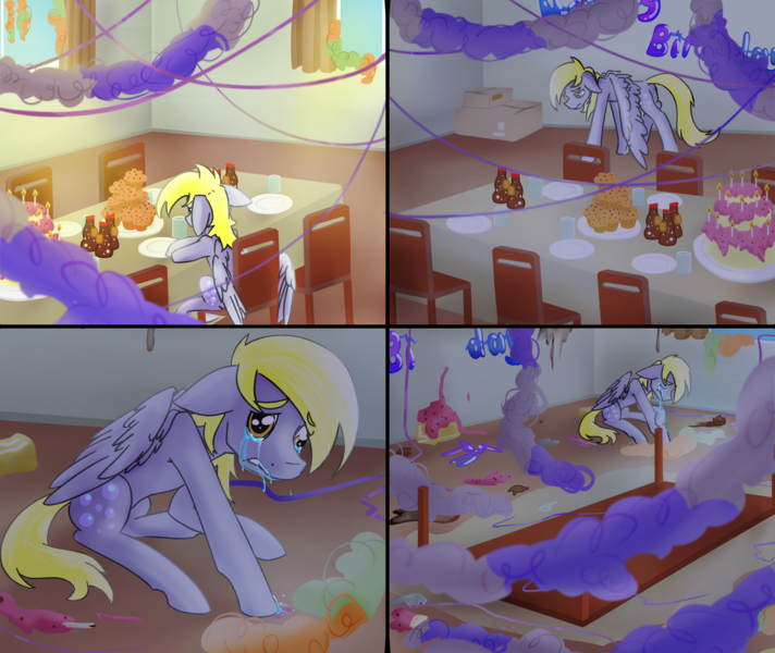 Size: 2066x1740 | Tagged: safe, artist:destiny_manticor, derpibooru import, derpy hooves, ponified, pegasus, pony, g4, alone, angry, bad end, birthday, birthday party, cake, chair, comic, commission, crying, cute, decoration, feels, female, food, forgotten birthday, frown, happy birthday to me, hat, image, lonely, looking at you, mare, muffin, open mouth, parody, party, png, sad, sad pony, sitting, solo, table, table flip, tears of anger, wings