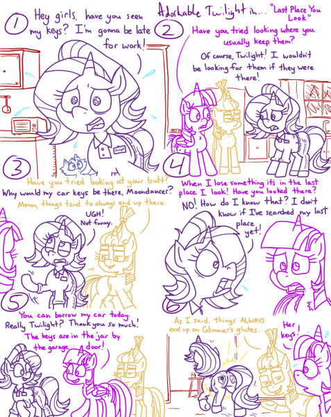 Size: 4779x6013 | Tagged: safe, artist:adorkabletwilightandfriends, derpibooru import, moondancer, starlight glimmer, twilight sparkle, twilight sparkle (alicorn), oc, oc:pinenut, alicorn, cat, comic:adorkable twilight and friends, equestria girls, equestria girls series, g4, lost and found, adorkable, adorkable twilight, butt, clothes, comic, cute, denim, dork, friendship, glasses, glimmer glutes, image, jeans, key, kitchen, looking at butt, looking at something, lost, my little pony equestria girls: better together, nervous, pants, plot, png, slice of life, sly, smiling, sweat, sweater, upset, walking away, worried