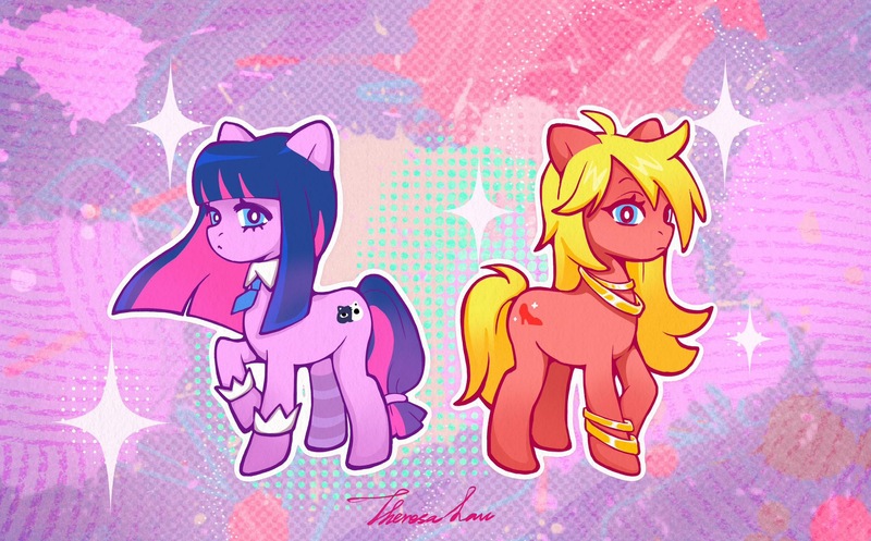 Size: 2059x1280 | Tagged: safe, artist:mofauncle, derpibooru import, ponified, earth pony, pony, abstract background, anarchy panty, anarchy stocking, clothes, image, jpeg, neck rings, necktie, outline, panty and stocking with garterbelt, sparkles, text, white outline, wristband