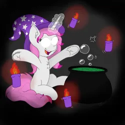 Size: 2000x2000 | Tagged: safe, artist:zeccy, derpibooru import, oc, unofficial characters only, unicorn, candle, cauldron, glow, glowing eyes, hat, horn, image, png, solo