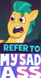 Size: 599x1124 | Tagged: safe, derpibooru import, edit, edited screencap, editor:horsesplease, screencap, hitch trailblazer, g5, my little pony: tell your tale, caption, expand dong, exploitable meme, image, image macro, meme, png, sad hitch, text, vulgar