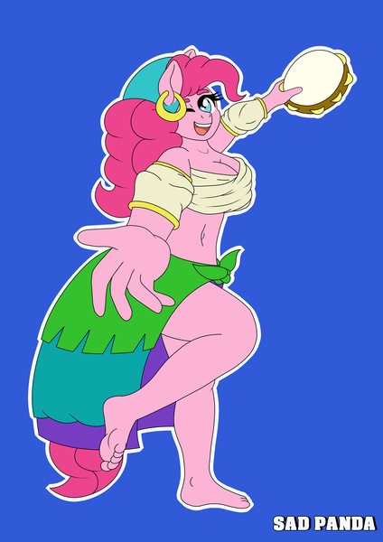 Size: 2893x4092 | Tagged: safe, artist:sadpanda1268, derpibooru import, pinkie pie, anthro, earth pony, plantigrade anthro, barefoot, breasts, busty pinkie pie, feet, gypsy pie, image, looking at you, musical instrument, one eye closed, open mouth, open smile, png, romani, smiling, solo, tambourine, wink, winking at you