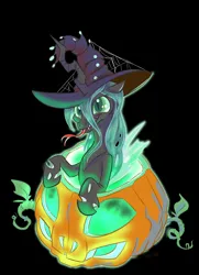 Size: 3360x4640 | Tagged: safe, artist:lytlethelemur, derpibooru import, queen chrysalis, changeling, changeling queen, g4, black background, cute, cutealis, female, fire, forked tongue, green fire, halloween, hat, high res, holiday, image, jack-o-lantern, png, pumpkin, simple background, solo, spider web, witch hat