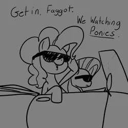 Size: 1155x1155 | Tagged: safe, artist:anonymous, derpibooru import, fluttershy, pinkie pie, pony, g4, automobile, car, doodle, duo, duo female, faggot, female, handwriting, image, invitation, mare, monochrome, png, slur, sunglasses, talking to viewer, vulgar