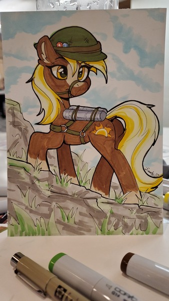 Size: 2268x4032 | Tagged: safe, artist:dandy, derpibooru import, ponified, ponified:sgt. reckless, earth pony, pony, coat markings, commission, female, helmet, image, jpeg, mare, markers, poker chips, socks (coat marking), solo, traditional art